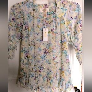 JB by Julie Brown sparkle white glitter blouse 3/4 ruffle sleeves new